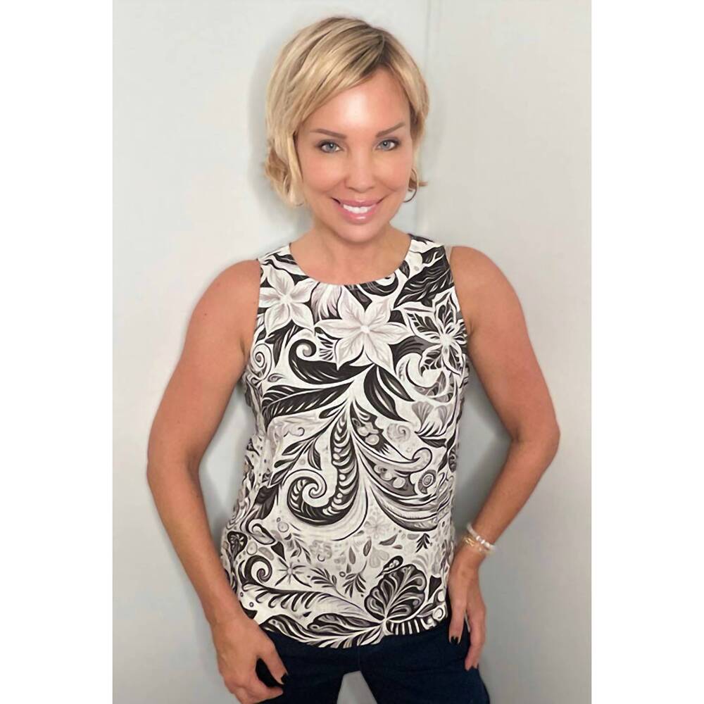NEW ETHYL sleeveless linen print top in black/cream